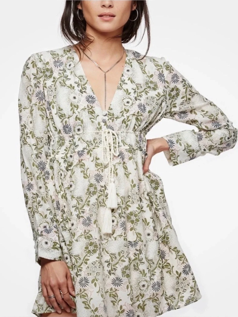 FREE PEOPLE Stealing Fire Mini Dress In Ivory Green Combo floral boho Sz S